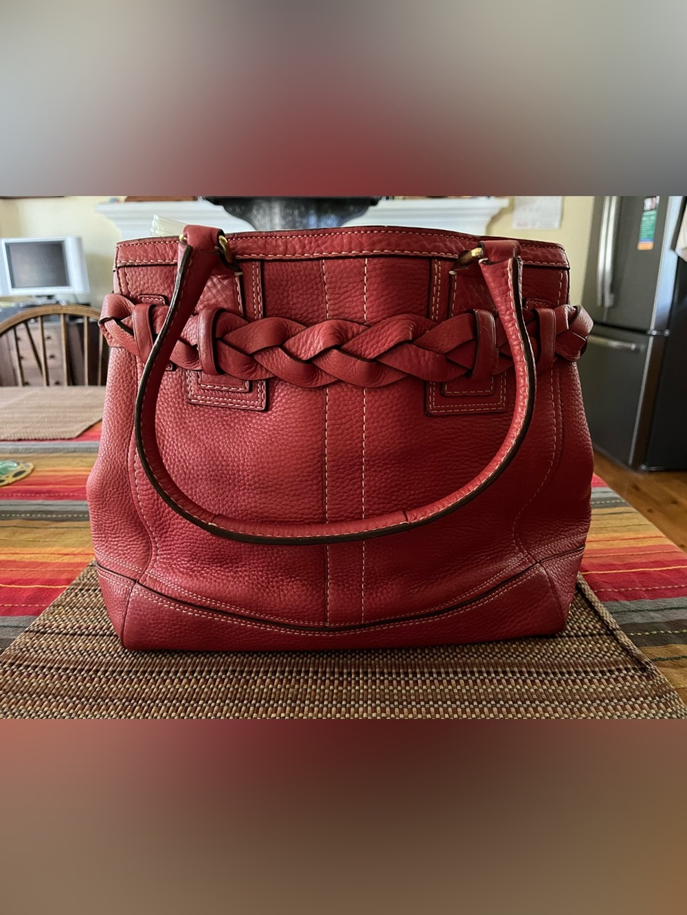 Vintage Coach Coral Red Pebbled Leather Satchel with Brass Bridle Hardware - Picture 3 of 6